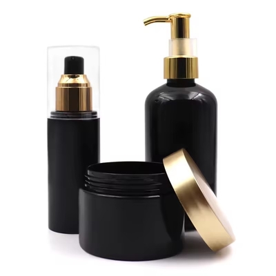 Garrafas de plástico para cosméticos Garrafa de bomba de loção Garrafa com tampa de ouro Garrafa redonda